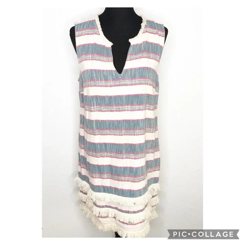 Anthropologie Holding Horses cream chambray blue pink fringe trim dress size 12